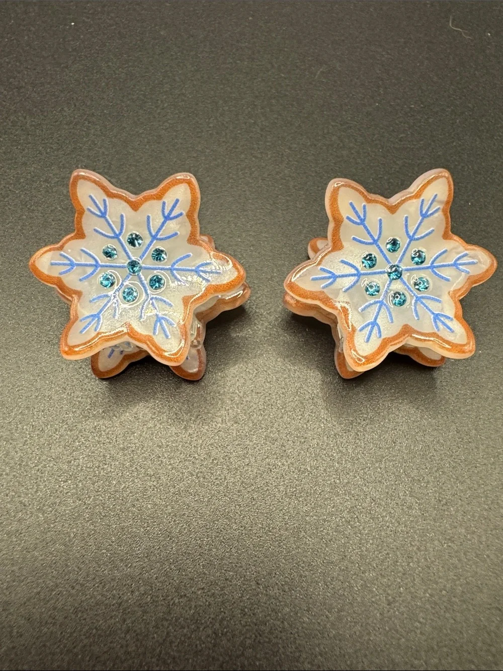 Snowflake Gingerbread Hair Clip - Blue Crystal Accents set of 2